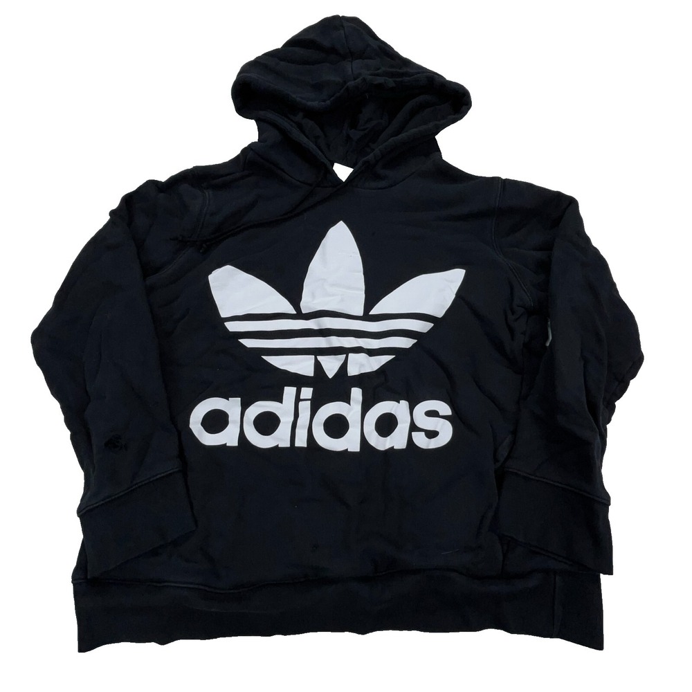 Adidas Hoodie Women Medium Black White Sweatshirt Sweater Trefoil Big Logo *